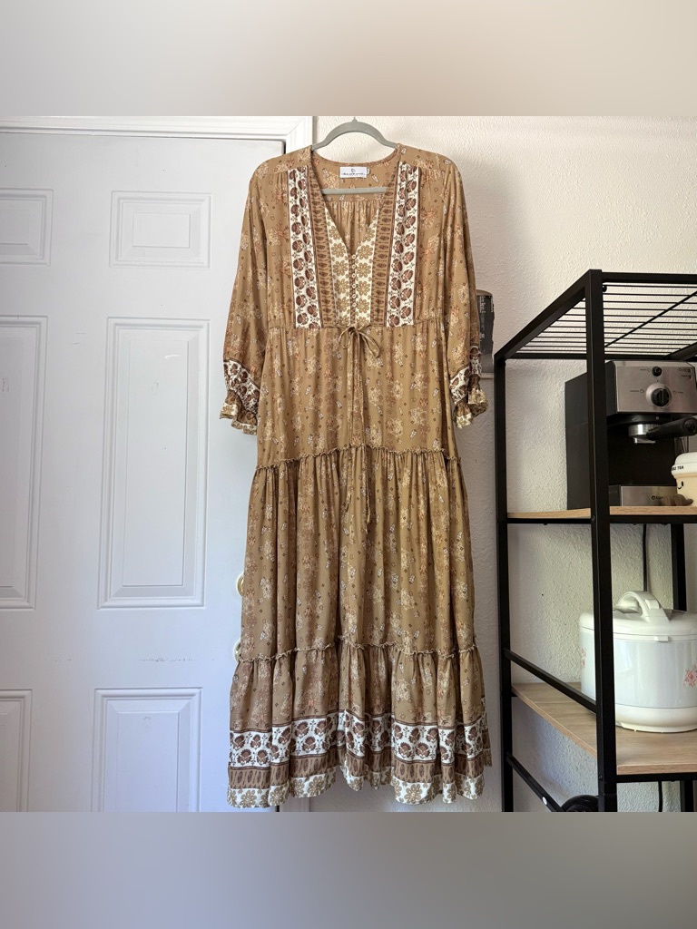 The Fox And The Mermaid Tan Floral Boho Tiered Long Puff Sleeve Midi Maxi Dress